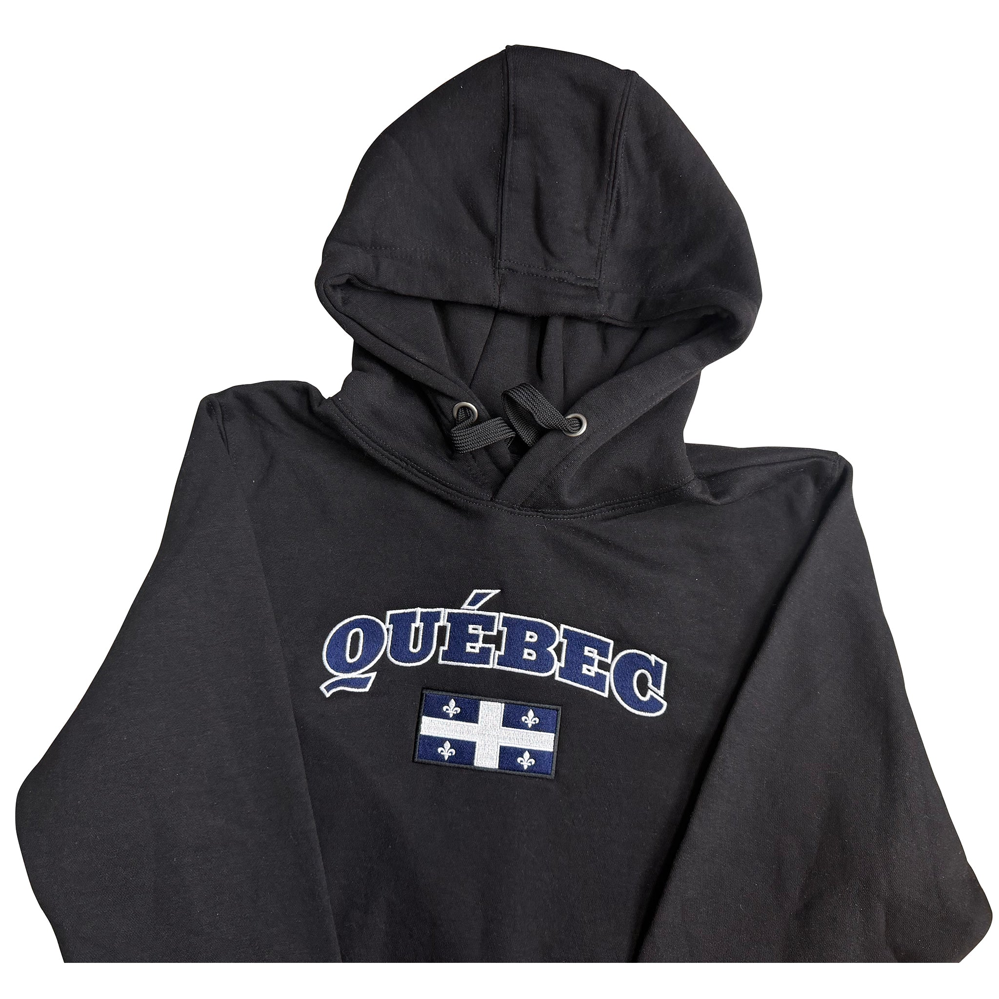 Black hoodie with 'Québec' text and flag on a white background