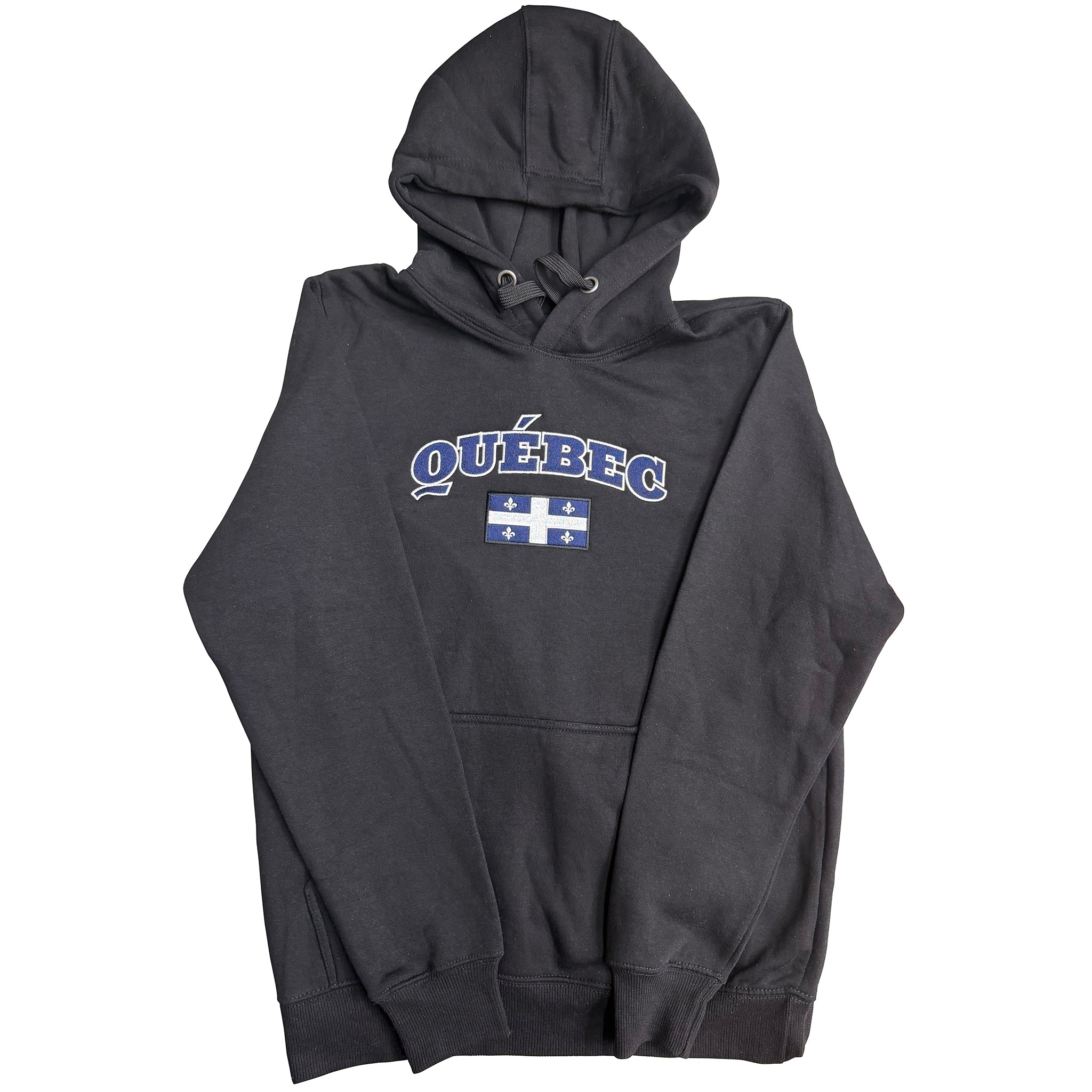Dark gray hoodie with 'Québec' text and a flag on a white background