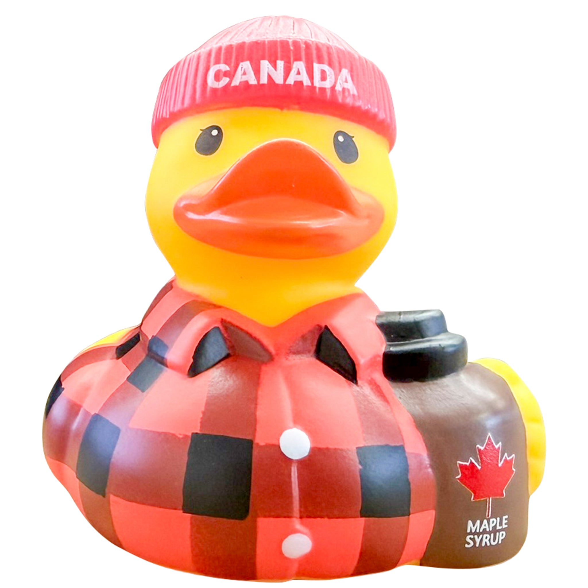 A novelty rubber duck styled as a maple syrup taster, wearing a red and black plaid shirt, a red beanie with 'CANADA' printed on it, and holding a brown bottle labeled 'MAPLE SYRUP'.