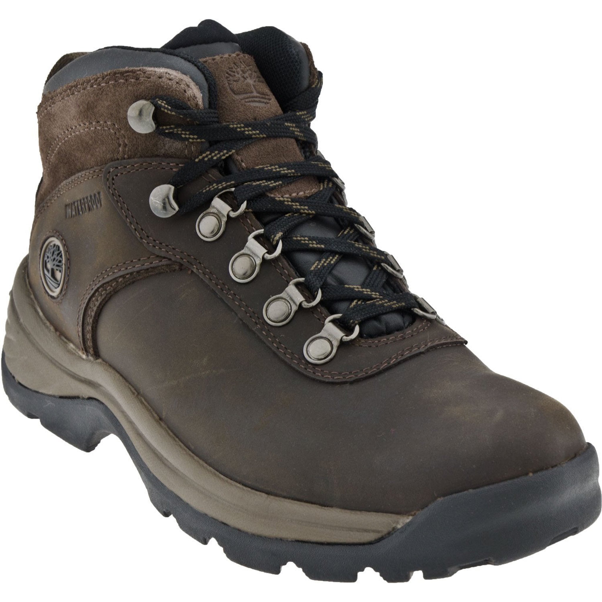 Brown hiking boot with black laces on a white background