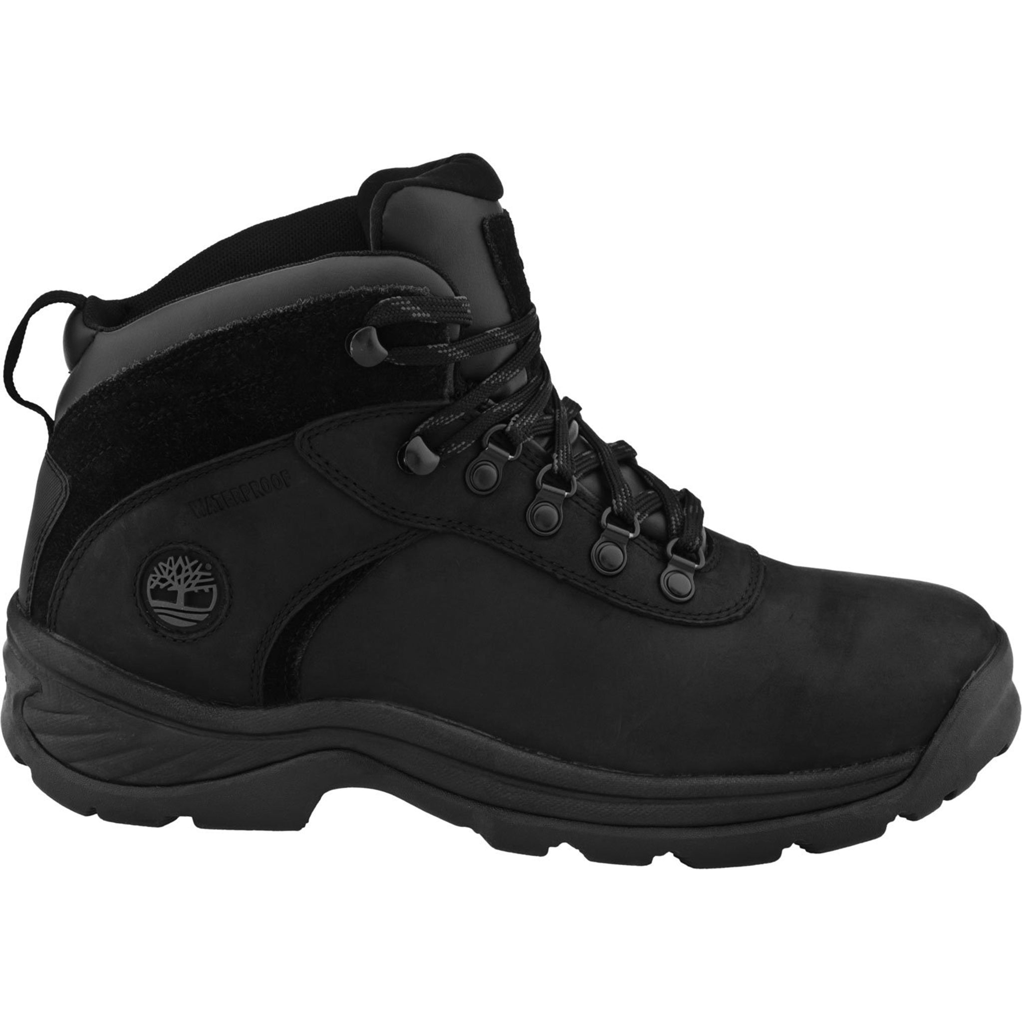 Black hiking boot with Timberland logo on a white background
