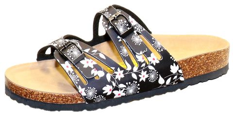 Two Buckle Cut Out Slide-Brama Floral Black