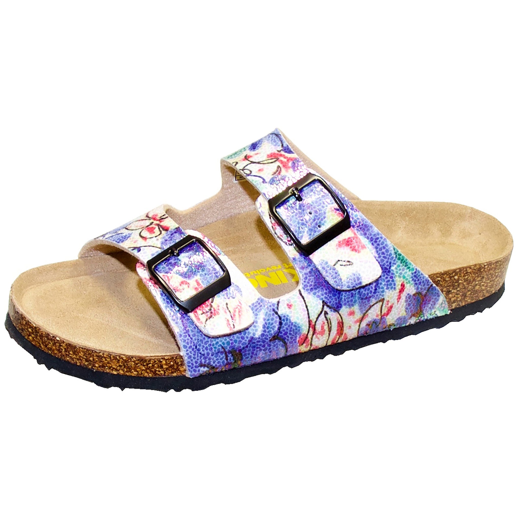 Multicolored sandal with floral pattern and two buckles on a white background