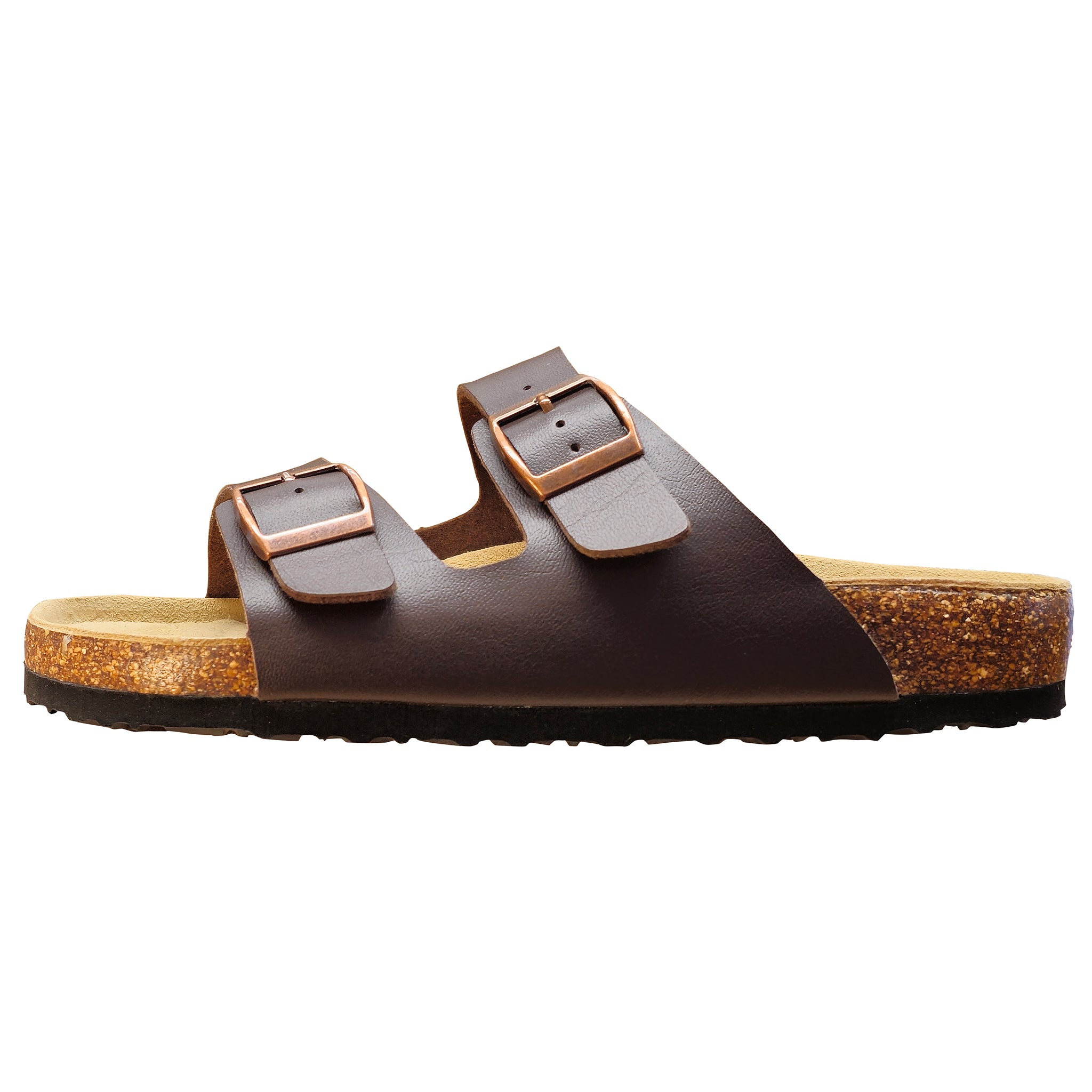 Brown sandal with double buckle on a white background
