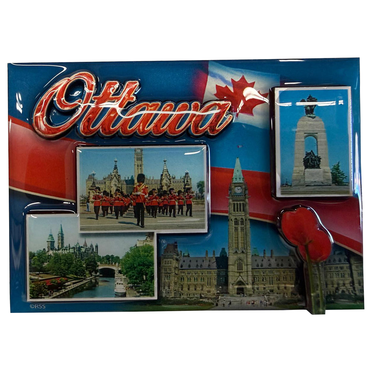 Packaged souvenirs with images of Ottawa landmarks and a Canadian flag.