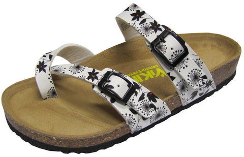 Two Buckle Slide with Toe Strap-Brama Floral White Brama